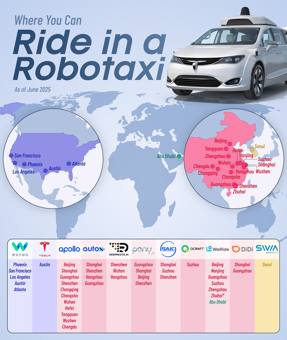 Wereldkaart robotaxi’s 2025: overzicht van actieve steden per aanbieder