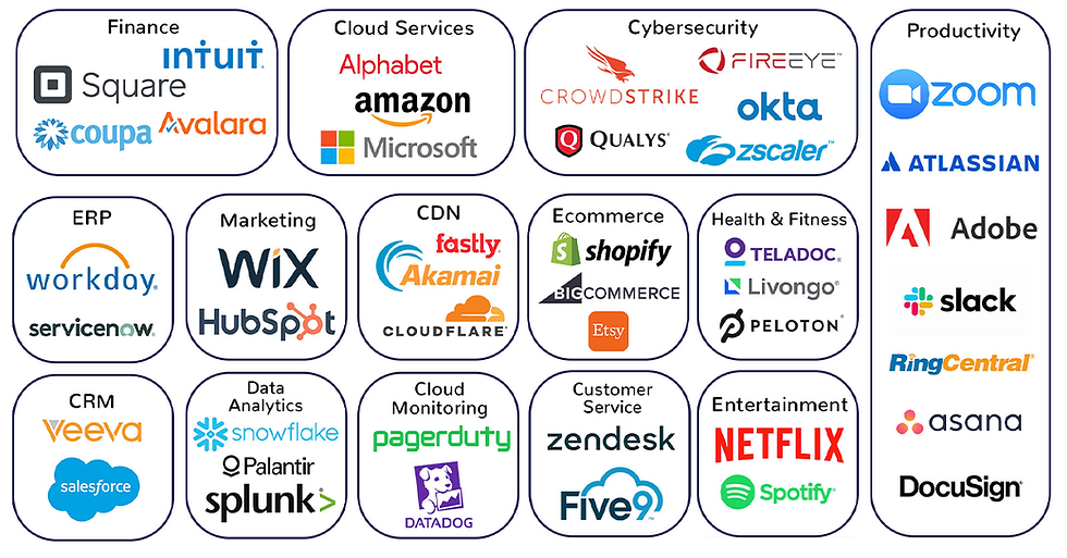 SaaS-landschap: marktleiders per categorie.